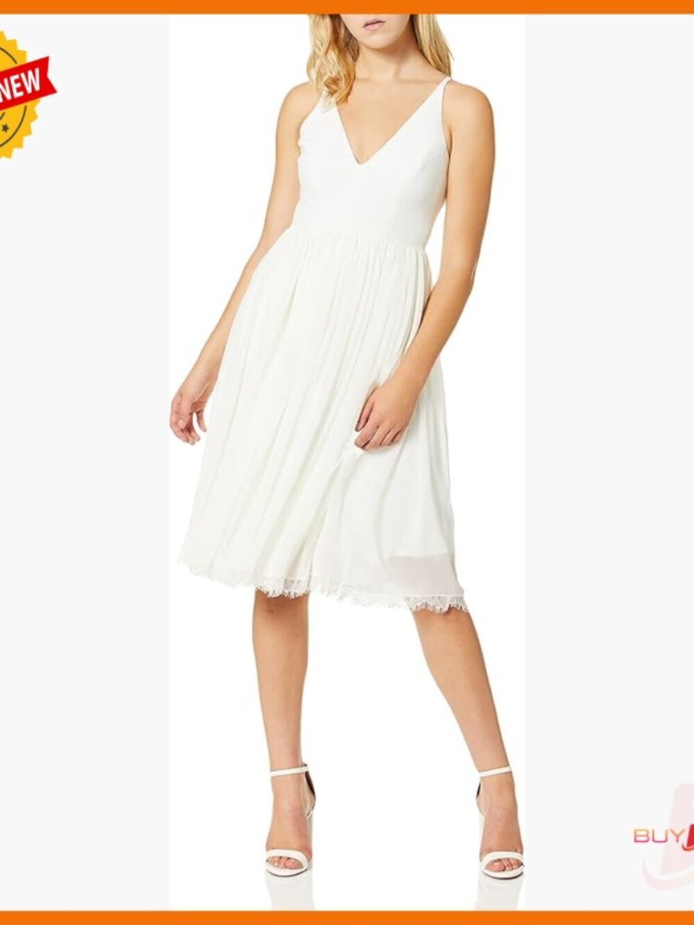 Sleeveless Fit and Flare Midi Dress with Plunging Neckline and Scalloped Hem